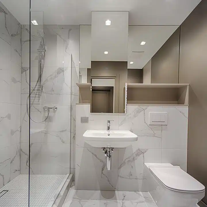 washroom with white tiled floors and walls