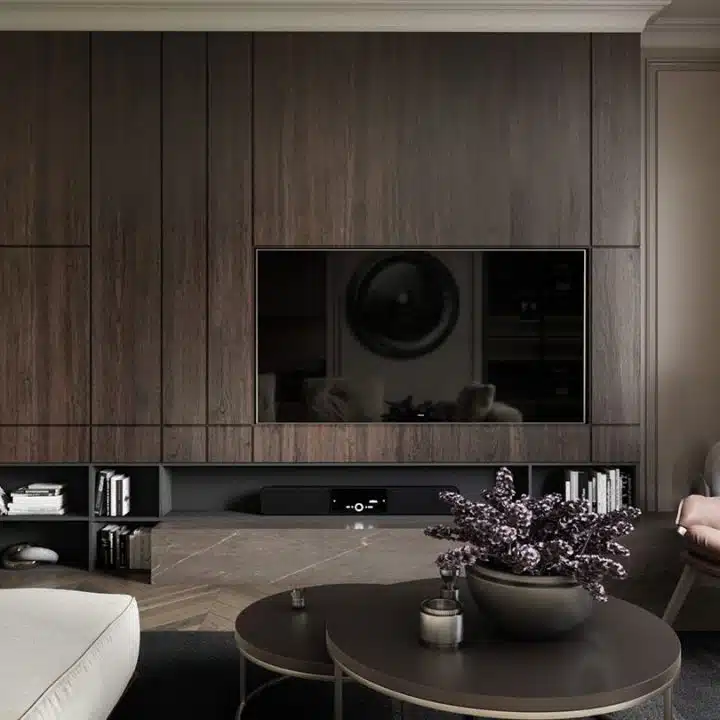 luxurious TV lounge with dark tiles