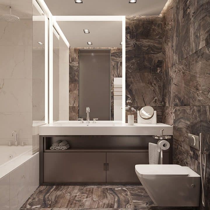 luxurious washroom with large square tiles on the floor and walls