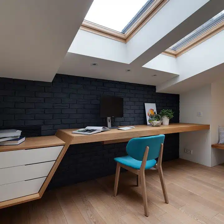 brown and gray tiled study room