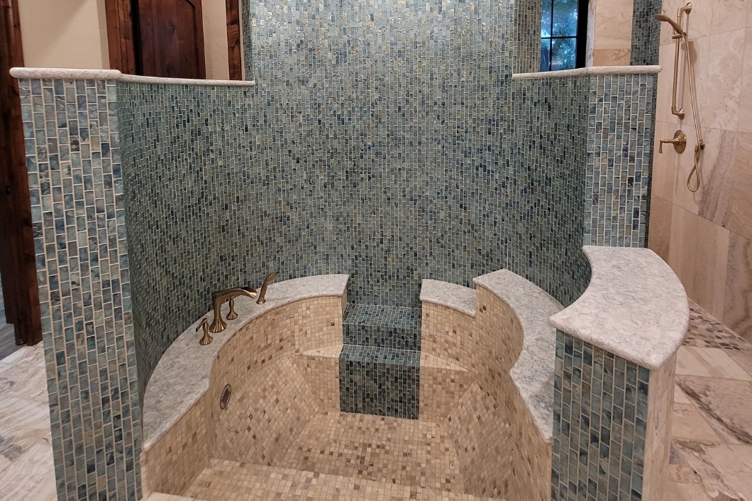 Green and Tan Tiled Bathtub