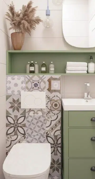 multi colored and designed wall tiles in bathroom